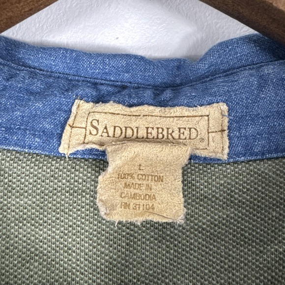 VTG Saddlebred Polo Shirt Men Large Green Denim Collar 100% Cotton Short Sleeve - Picture 4 of 8